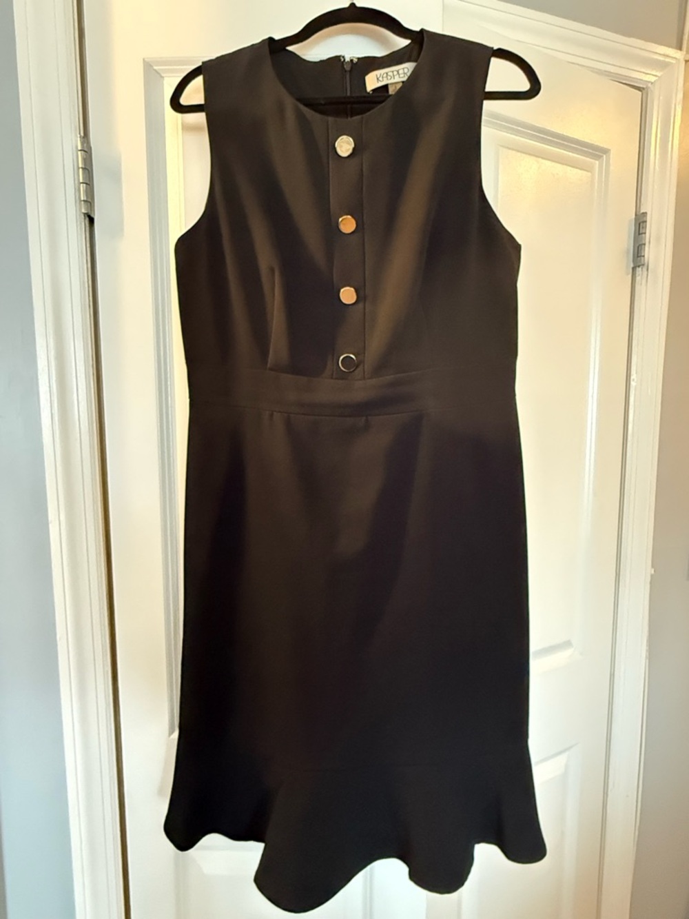 Kasper Black Sleeveless Sheath Dress with Gold Button Accents